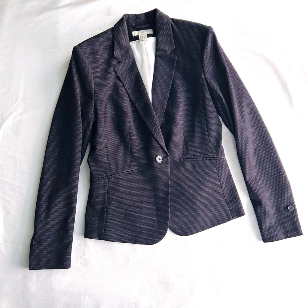 H&M Navy Women Blazer with Subtle Pattern
